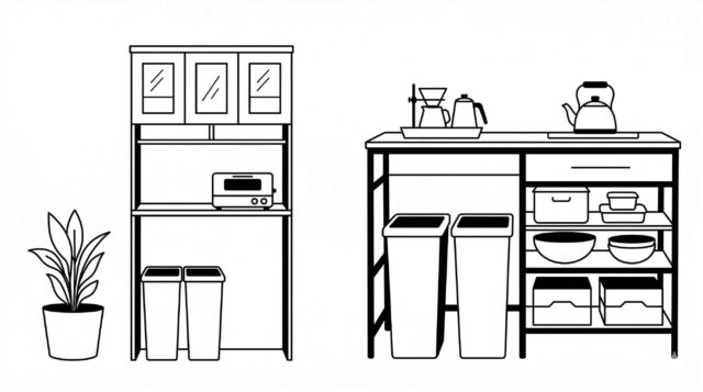 カップボードやカウンターにゴミ箱を置く